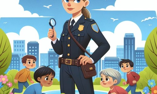 Une illustration destinée aux enfants représentant une courageuse policière, entourée d'enfants curieux, enquêtant au parc de la ville, sous un ciel bleu parsemé de nuages blancs, avec des arbres verts et des fleurs colorées en arrière-plan.