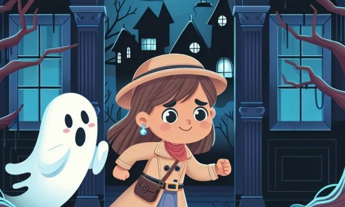 Une illustration destinée aux enfants représentant une détective courageuse, plongée dans l'obscurité d'un manoir hanté, accompagnée d'un fantôme en robe blanche, évoluant dans un hall lugubre aux volets grinçants et aux arbres murmureurs.