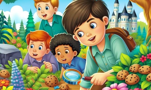 Une illustration destinée aux enfants représentant un jeune garçon curieux, accompagné de ses amis, enquêtant sur la disparition des cookies dans un parc enchanté rempli de fleurs colorées et d'arbres majestueux.
