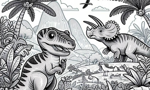 Une illustration destinée aux enfants représentant un vélociraptor curieux, un tricératops sage, dans la vallée luxuriante des dinosaures, où les plantes ondulent doucement sous le vent léger.