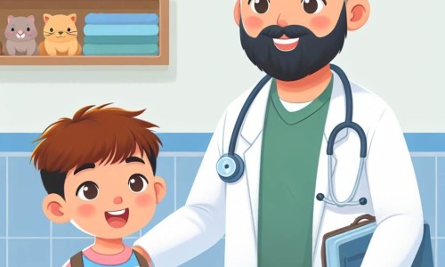 Une illustration destinée aux enfants représentant un jeune garçon passionné par les animaux, aidant un vétérinaire barbu et bienveillant dans sa clinique colorée et chaleureuse, pleine d'animaux heureux et en bonne santé.