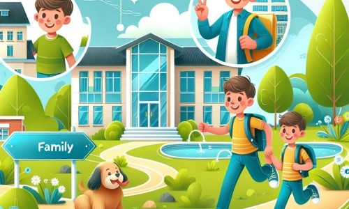 Une illustration destinée aux enfants représentant un jeune garçon joyeux, naviguant entre des disputes familiales, accompagné de son fidèle ami, dans une école moderne et lumineuse entourée de verdure.