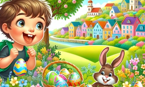 Une illustration destinée aux enfants représentant un jeune garçon plein d'excitation, à la recherche d'œufs de Pâques dans un jardin fleuri, accompagné d'un adorable lapin en chocolat, dans un village pittoresque avec des maisons colorées et des arbres en fleurs.