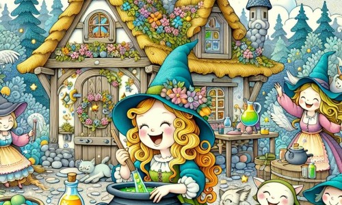 Une illustration destinée aux enfants représentant une adorable apprentie sorcière enjouée, concoctant une potion magique avec l'aide de ses amis magiques, dans une petite maison en bordure de la forêt enchantée.