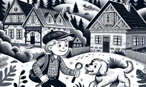 Une illustration destinée aux enfants représentant un jeune garçon curieux et intrépide résolvant le mystère d'une disparition avec l'aide de son fidèle chien, dans une petite ville pittoresque entourée de bois sombres et mystérieux.