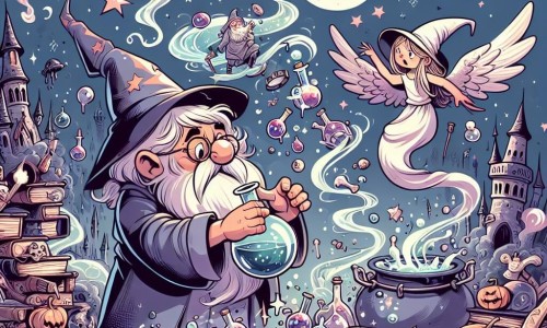 Une illustration destinée aux enfants représentant un sorcier maladroit découvrant une potion magique, accompagné d'une sorcière au nez crochu, dans un laboratoire biscornu rempli de chaudrons bouillonnants, de livres poussiéreux et de fioles étincelantes, situé au cœur d'un royaume lointain où la magie danse dans les airs.