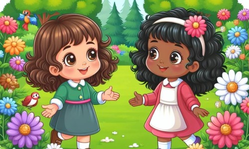 Une illustration destinée aux enfants représentant une fillette aux boucles brunes faisant la connaissance d'une petite fille aux cheveux noirs et aux yeux pétillants, dans un parc verdoyant bordé de fleurs multicolores.