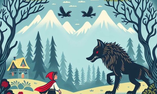 Une illustration destinée aux enfants représentant un courageux petit garçon, confronté au redoutable grand méchant loup, dans une forêt mystérieuse aux arbres griffant le ciel et aux oiseaux terrifiés, tout près d'un village niché au creux des montagnes.