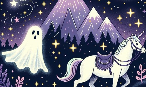 Une illustration destinée aux enfants représentant un fantôme lumineux perdu, accompagné d'une licorne majestueuse, explorant la Montagne des Étoiles scintillante et féerique.