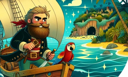 Une illustration destinée aux enfants représentant un homme courageux et barbu, un pirate intrépide, naviguant sur un bateau en bois nommé 