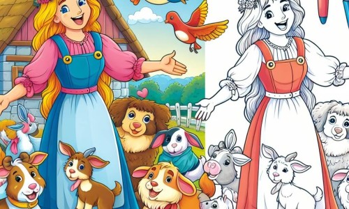Une illustration destinée aux enfants représentant une fermière dynamique et joyeuse, entourée de ses fidèles compagnons animaux, dans La Ferme aux Mille Couleurs, un endroit magique aux multiples nuances et couleurs éclatantes.