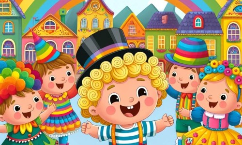Une illustration destinée aux enfants représentant un petit garçon aux boucles blondes lumineuses, plongé dans l'effervescence du Carnaval, accompagné de ses amis déguisés, dans le village coloré et joyeux d'Arc-en-Ciel.