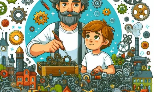 Une illustration destinée aux enfants représentant un inventeur passionné, accompagné d'un jeune garçon curieux, dans un atelier rempli d'outils, d'engrenages et de machines colorées, situé au cœur d'une petite ville animée.