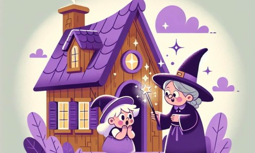 Une illustration destinée aux enfants représentant une apprentie sorcière émerveillée par sa découverte d'une baguette magique, accompagnée de sa gentille grand-mère sorcière, dans une maison aux volets violets et au toit en forme de chapeau pointu, située dans un petit village enchanté.