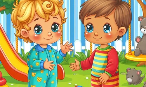 Une illustration destinée aux enfants représentant un petit garçon aux boucles blondes et aux yeux pétillants, rencontrant un nouveau copain timide dans une crèche colorée avec des balançoires, des toboggans et des jouets éparpillés.