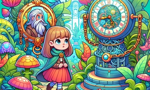 Une illustration destinée aux enfants représentant une fillette curieuse propulsée dans un jardin luxuriant par un médaillon magique, accompagnée du gardien du temps, Chronos, dans une machine ressemblant à une grande horloge, entourés de plantes étranges et de fleurs multicolores.