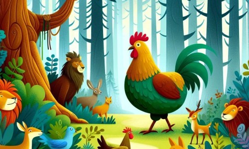 Une illustration destinée aux enfants représentant une poule intrépide, avide d'aventure, qui rencontre des animaux sages et rusés dans une forêt dense et mystérieuse, entourée de grands arbres majestueux et d'une faune colorée.