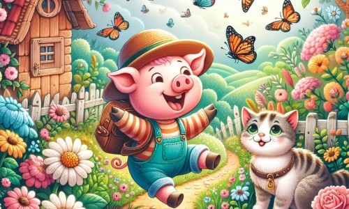Une illustration destinée aux enfants représentant un joyeux cochon aventurier, accompagné d'un sage chat, découvrant un jardin enchanteur rempli de fleurs colorées et de papillons virevoltants, dans une petite ferme nichée au cœur de la campagne.