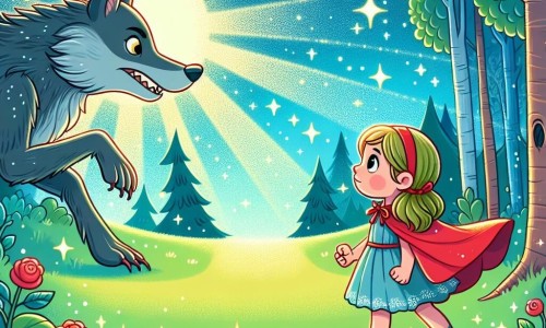 Une illustration destinée aux enfants représentant une petite fille courageuse confrontée au redoutable grand méchant loup, dans une clairière enchantée de la forêt, sous un ciel bleu et des rayons de soleil étincelants.