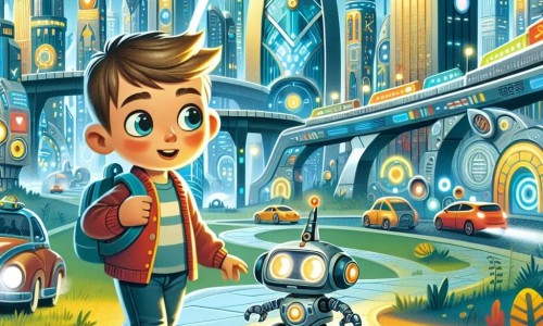 Une illustration destinée aux enfants représentant un jeune garçon curieux dans une ville futuriste remplie de buildings étincelants, de voitures volantes et de robots, faisant la découverte d'un adorable robot abandonné, dans le décor impressionnant de NeoTopia.