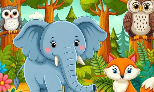 Une illustration destinée aux enfants représentant un éléphant bienveillant, accompagné d'une renarde rusée et d'un hibou sage, évoluant dans une forêt luxuriante aux arbres majestueux et aux fleurs multicolores.