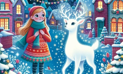 Une illustration destinée aux enfants représentant une fillette émerveillée par les festivités de Noël, accompagnée d'un cerf blanc mystérieux, dans un village enneigé orné de guirlandes scintillantes et de maisons décorées de houx.