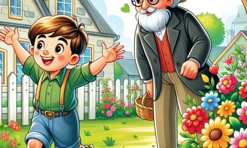Une illustration destinée aux enfants représentant un jeune garçon curieux et enthousiaste, faisant face à des difficultés à l'école, accompagné d'une enseignante bienveillante, dans un petit village paisible entouré de verdure et de fleurs colorées.
