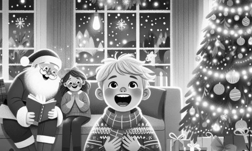 Une illustration destinée aux enfants représentant un petit garçon émerveillé par la visite surprise du Père Noël, accompagné de sa famille, dans un salon chaleureux décoré de guirlandes scintillantes et d'un sapin majestueux, le tout baigné dans une lumière douce et féerique.