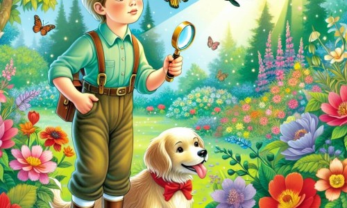 Une illustration destinée aux enfants représentant un jeune garçon à la recherche du cadeau parfait pour la fête des pères, accompagné de son fidèle chien, dans un jardin enchanté rempli de fleurs colorées et de papillons virevoltants.