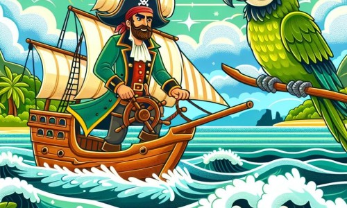 Une illustration destinée aux enfants représentant un courageux capitaine pirate (garçon) naviguant sur son navire, accompagné de son fidèle perroquet (garçon), voguant à travers des mers scintillantes parsemées d'îles verdoyantes et de tempêtes déchaînées.