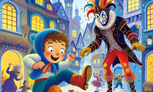 Une illustration destinée aux enfants représentant un garçon plein d'énergie et d'imagination se préparant pour le carnaval, accompagné du mystérieux Monsieur Carnaval, dans un village animé aux rues colorées et aux maisons décorées de confettis scintillants.