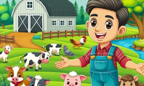 Une illustration destinée aux enfants représentant un homme passionné d'agriculture, entouré de champs verdoyants et d'animaux joyeux, dans une ferme située en dehors d'un petit village paisible.