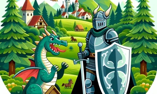 Une illustration destinée aux enfants représentant un courageux chevalier, un dragon féroce, et un village paisible entouré de champs verdoyants et de forêts mystérieuses.