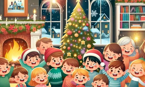 Une illustration destinée aux enfants représentant un petit garçon plein d'énergie, entouré de ses amis et de sa famille, célébrant le Réveillon du Nouvel An dans une maison chaleureuse et joliment décorée, avec un sapin scintillant et un feu d'artifice éclatant dans le ciel étoilé.