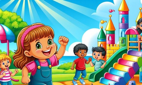 Une illustration destinée aux enfants représentant une petite fille joyeuse et déterminée, jouant au parc avec ses amis, dont une nouvelle venue hésitante, entourés de balançoires colorées, d'un toboggan brillant et d'un château de sable majestueux, sous un ciel bleu et ensoleillé.