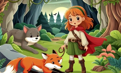 Une illustration destinée aux enfants représentant une petite fille courageuse découvrant un renard blessé dans une grotte mystérieuse, accompagnée de son fidèle ami, dans une forêt luxuriante aux arbres majestueux et aux lianes entrelacées.
