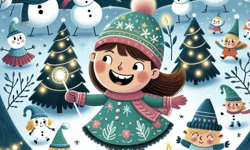 Une illustration destinée aux enfants représentant une jeune fille joyeuse, entourée de personnages magiques, explorant un paysage hivernal féérique rempli de bonhommes de neige et de sapins scintillants.