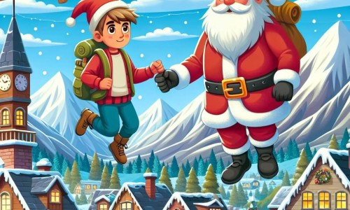 Une illustration destinée aux enfants représentant un garçon plein de courage et de gentillesse vivant une aventure incroyable aux côtés du Père Noël, dans un petit village appelé Joyeuxbourg, situé au cœur des montagnes enneigées.
