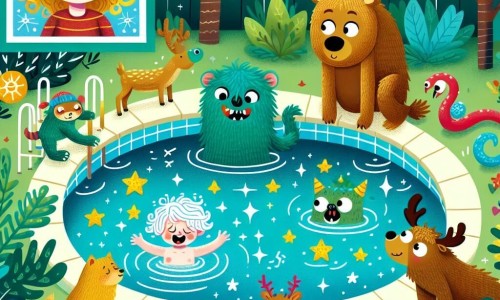 Une illustration destinée aux enfants représentant une fillette aux boucles blondes découvrant un Monstre farceur dans sa piscine, entourée d'animaux festifs, le tout se déroulant dans un jardin luxuriant avec une piscine étincelante.