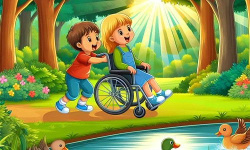 Une illustration destinée aux enfants représentant un petit garçon énergique faisant la rencontre d'une petite fille en fauteuil roulant dans un parc verdoyant, où les canards nagent paisiblement dans un étang scintillant.