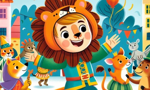 Une illustration destinée aux enfants représentant un jeune garçon déguisé en lion, faisant la fête avec ses amis animaux dans un village coloré, lors du Carnaval des Animaux.