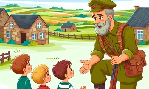Une illustration destinée aux enfants représentant un homme courageux revenant d'une guerre, partageant ses souvenirs avec des enfants écoutant attentivement, dans un village pittoresque avec des maisons en pierre et des champs verdoyants à perte de vue.