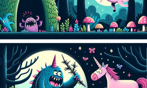 Une illustration destinée aux enfants représentant un monstre rigolo, vivant dans une grotte sombre et humide, qui fait la rencontre d'une licorne rose coincée dans un buisson épineux, dans la forêt enchantée remplie de champignons colorés et de fleurs lumineuses.