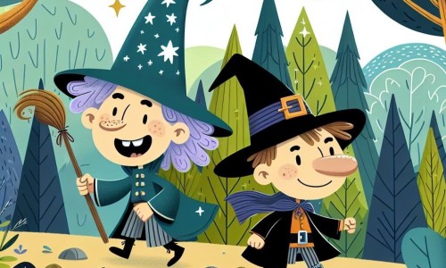 Une illustration destinée aux enfants représentant un apprenti sorcier espiègle et plein d'énergie, accompagné d'une sorcière au nez crochu et aux cheveux violets, évoluant dans une forêt enchantée où les arbres chantent et les rivières dansent.