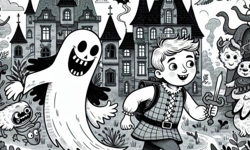 Une illustration destinée aux enfants représentant un fantôme farceur découvrant un manoir hanté rempli de créatures rigolotes, dans la forêt enchantée de Fantômalia, accompagné d'un petit garçon intrépide.