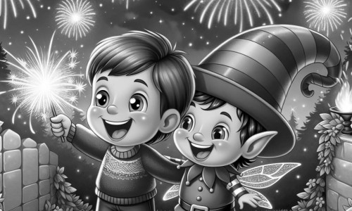 Une illustration destinée aux enfants représentant un petit garçon plein d'excitation lors de la fête du nouvel an, accompagné d'un lutin malicieux, dans un jardin enchanté illuminé par des feux d'artifice multicolores.