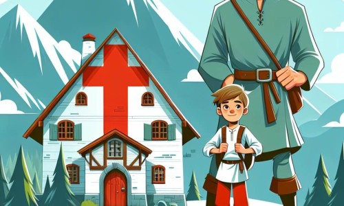 Une illustration destinée aux enfants représentant un homme mystérieux et bienveillant, un garçon intrépide, une maison perchée en haut d'une colline avec une grande croix rouge à la porte, dans un petit village niché au creux des montagnes.