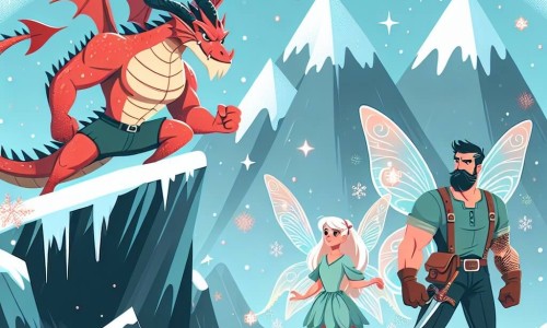 Une illustration destinée aux enfants représentant un homme au cœur vaillant, confronté à un dragon gardien, sur le sommet enneigé de la montagne du Dragon Rouge, entouré d'une fée aux ailes scintillantes.