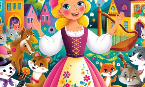 Une illustration destinée aux enfants représentant une jeune femme au sourire éclatant, entourée d'instruments de musique et d'animaux joyeux, dans un village coloré et enchanteur où la musique a disparu.