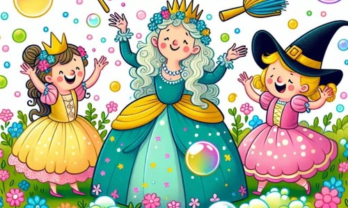 Une illustration destinée aux enfants représentant une princesse espiègle et joyeuse, une sorcière étourdie, des bulles de savon dansant dans un champ de fleurs en confettis, dans les contes rigolotes du royaume enchanté.
